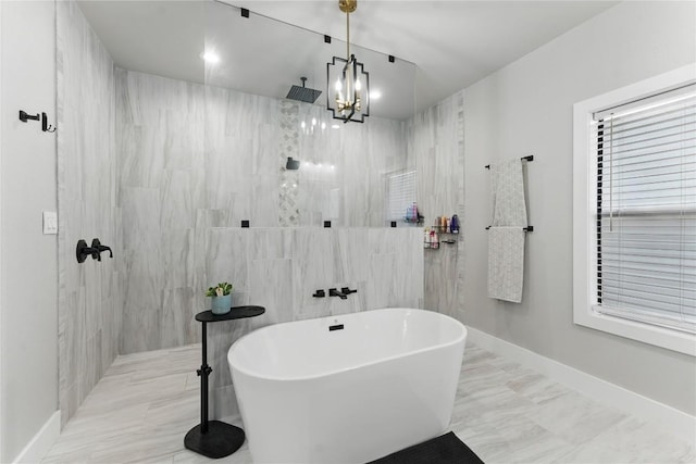 725 Winding Vw, New Braunfels, TX 78132 - full bathroom featuring a soaking tub, a notable chandelier, and walk in shower