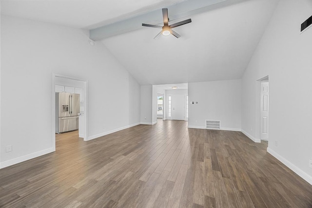 12808 Silver Creek Dr, Austin, TX 78727 - unfurnished living room featuring a ceiling fan, beamed ceiling, dark wood-type flooring, and high vaulted ceiling