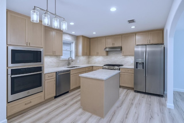 313 El Socorro Ln, Austin, TX 78732 - kitchen featuring stainless steel appliances, under cabinet range hood, light countertops, light wood-style floors, and backsplash