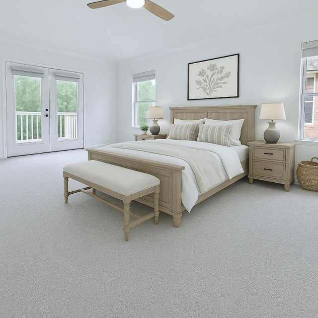313 El Socorro Ln, Austin, TX 78732 - bedroom with access to exterior, crown molding, light carpet, french doors, and a ceiling fan
