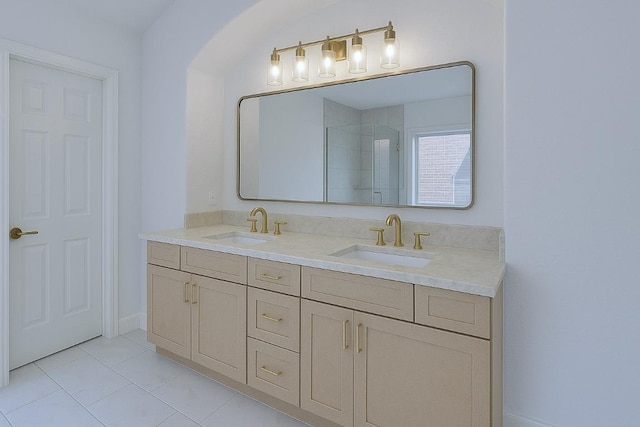 313 El Socorro Ln, Austin, TX 78732 - full bathroom featuring double vanity, tile patterned flooring, and tiled shower