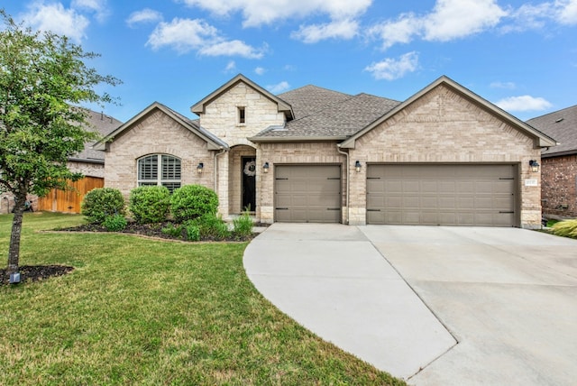 french country home with a front yard, a shingled roof, driveway, brick siding, and an attached garage