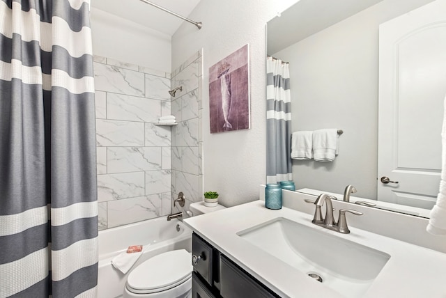 full bath with vanity, toilet, and shower / tub combo with curtain