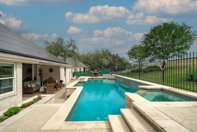 view of pool with an outdoor living space, a fenced backyard, a fenced in pool, an in ground hot tub, and a patio area