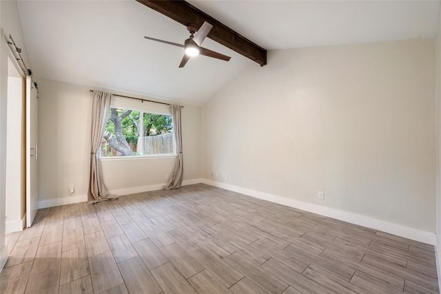7310 Broken Arrow Ln, Austin, TX 78745 - empty room featuring ceiling fan, a barn door, baseboards, light wood finished floors, and vaulted ceiling with beams