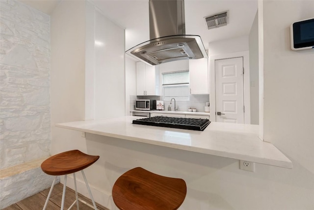 7310 Broken Arrow Ln, Austin, TX 78745 - kitchen with island range hood, stainless steel microwave, a breakfast bar, white cabinets, and visible vents