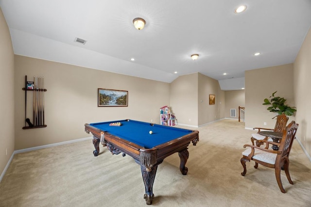 recreation room with recessed lighting, light colored carpet, pool table, baseboards, and visible vents