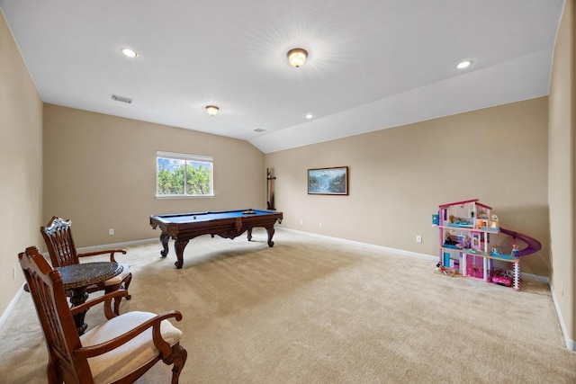 playroom with recessed lighting, visible vents, billiards, light carpet, and baseboards