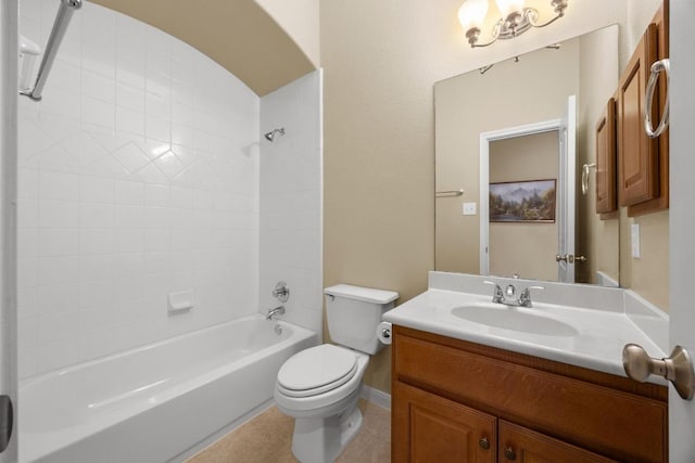 full bathroom with tile patterned floors, bathing tub / shower combination, toilet, vanity, and baseboards