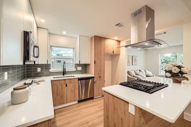 kitchen with a sink, light wood finished floors, stainless steel appliances, island range hood, and tasteful backsplash