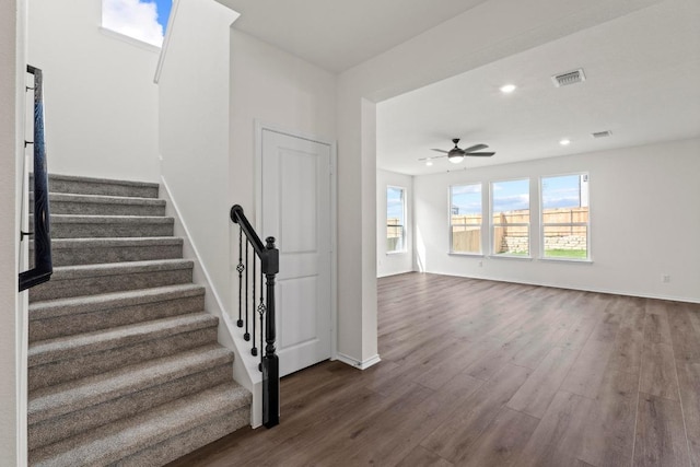 3756 Liberi Ln, Round Rock, TX 78665 - stairway featuring wood finished floors, a ceiling fan, baseboards, and recessed lighting