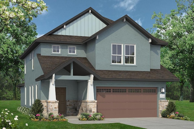 2605 Sam Bass Rd Unit 56, Round Rock, TX 78681 - craftsman house featuring a garage, stone siding, roof with shingles, and a front lawn