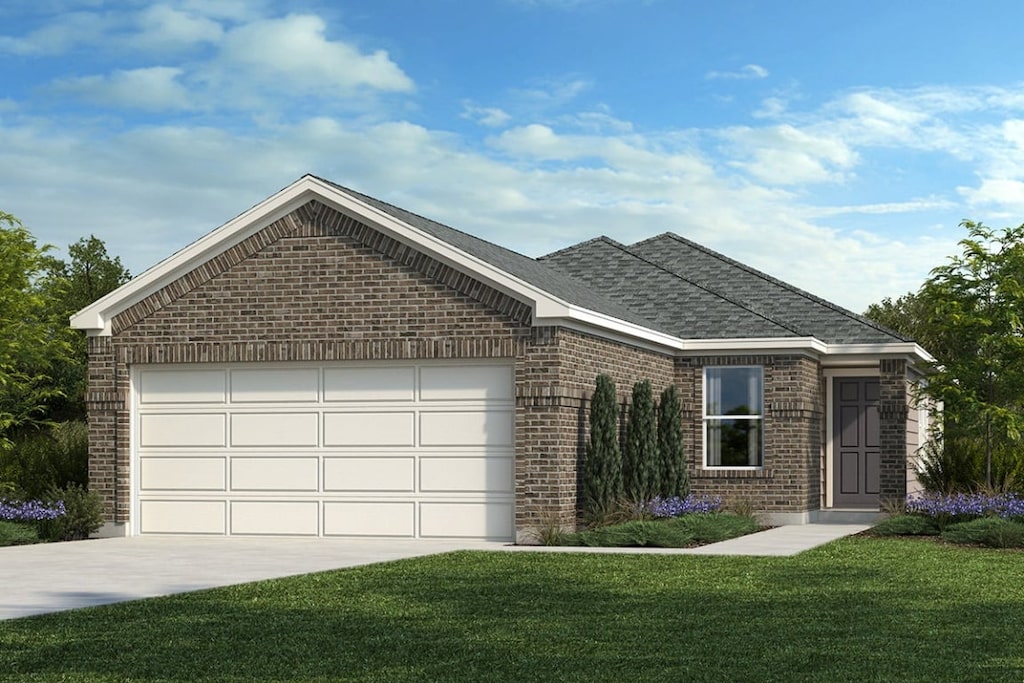 ranch-style home featuring concrete driveway, a front yard, brick siding, and a garage