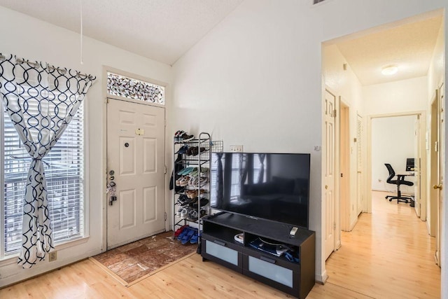 entryway with a healthy amount of sunlight, vaulted ceiling, and light wood-type flooring