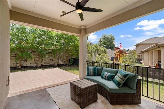4211 Front Range Ln, Austin, TX 78732 - view of patio featuring outdoor lounge area, a fenced backyard, a ceiling fan, and a playground