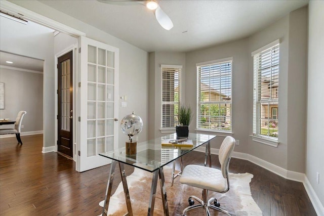 4211 Front Range Ln, Austin, TX 78732 - office with a wealth of natural light, a ceiling fan, dark wood-style floors, and baseboards