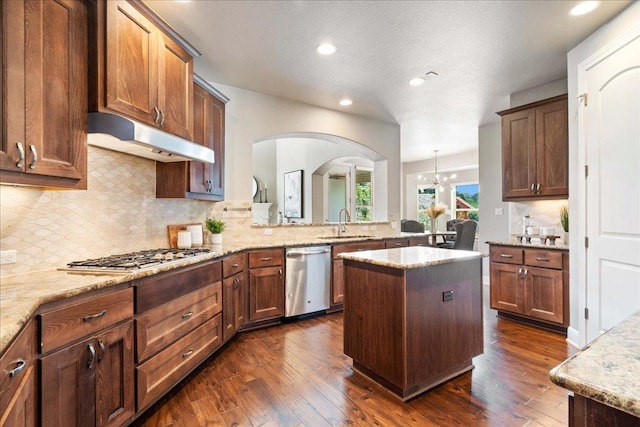 4211 Front Range Ln, Austin, TX 78732 - kitchen with a sink, stainless steel appliances, dark wood-style floors, and under cabinet range hood