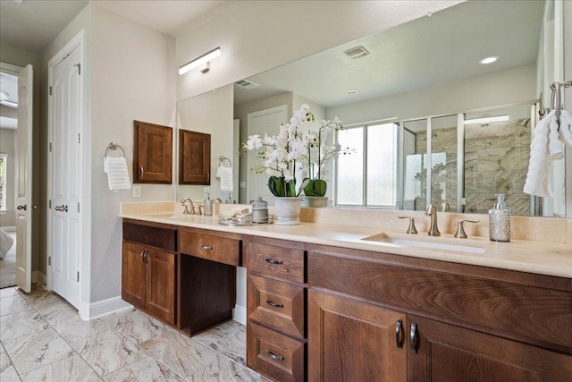 4211 Front Range Ln, Austin, TX 78732 - full bathroom with a shower stall, double vanity, marble finish floor, a sink, and visible vents