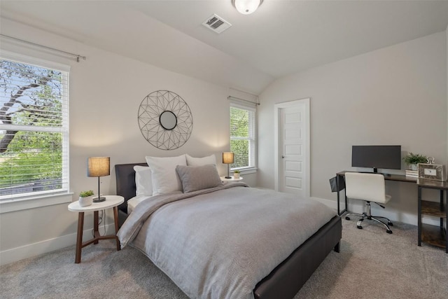 bedroom featuring baseboards, multiple windows, carpet, and visible vents