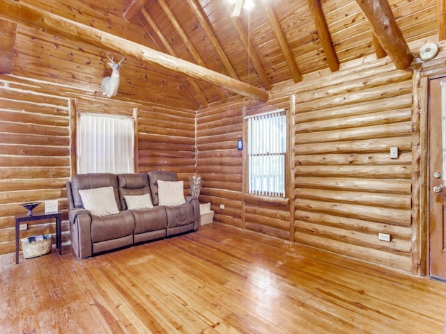 living area with wood ceiling, beamed ceiling, and wood-type flooring