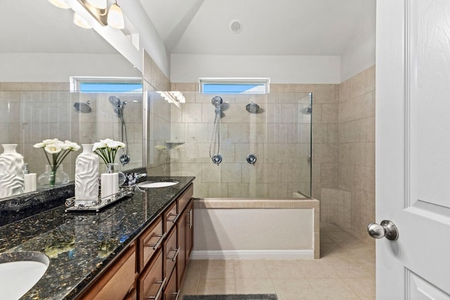 1401 Clearwing Cir, Georgetown, TX 78626 - full bath featuring double vanity, tile patterned flooring, a walk in shower, and plenty of natural light