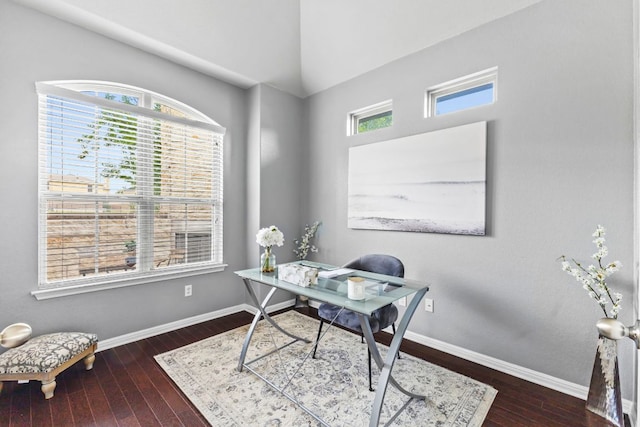 1401 Clearwing Cir, Georgetown, TX 78626 - home office with wood-type flooring, baseboards, and vaulted ceiling