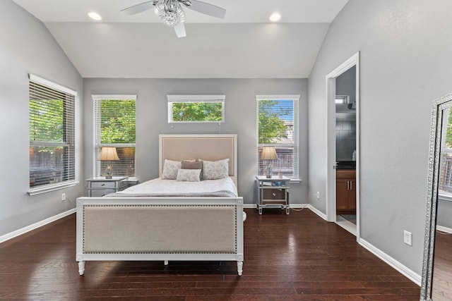 1401 Clearwing Cir, Georgetown, TX 78626 - bedroom with vaulted ceiling, hardwood / wood-style flooring, baseboards, ensuite bath, and a ceiling fan