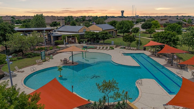 1401 Clearwing Cir, Georgetown, TX 78626 - pool at dusk featuring a community pool and a patio