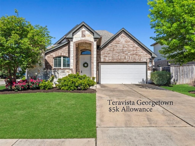 1401 Clearwing Cir, Georgetown, TX 78626 - french country inspired facade featuring stone siding, an attached garage, driveway, and brick siding