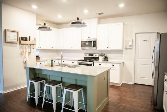 kitchen with dark wood-style floors, a sink, stainless steel appliances, tasteful backsplash, and visible vents