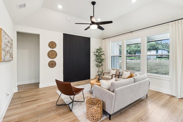 living area with recessed lighting, ceiling fan, light wood-type flooring, visible vents, and baseboards