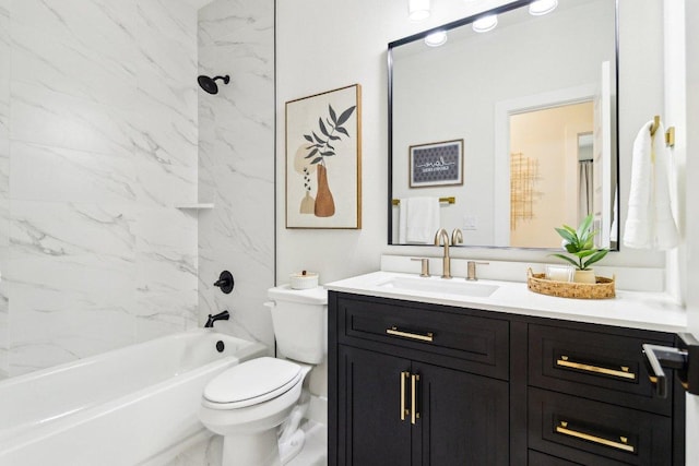 bathroom featuring toilet, shower / tub combination, and vanity