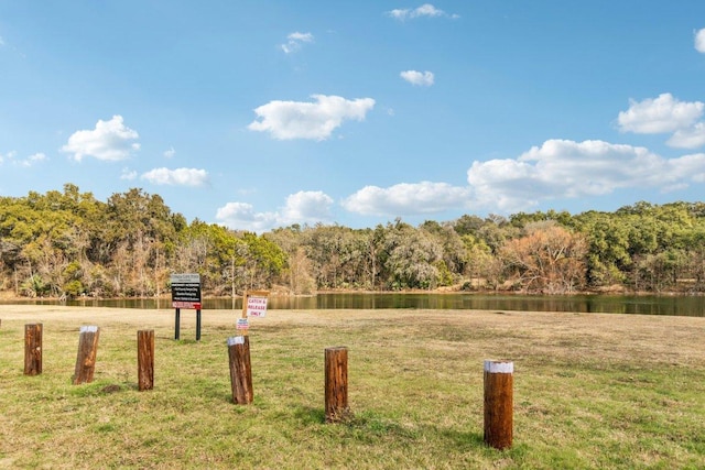 view of yard with a wooded view and a water view