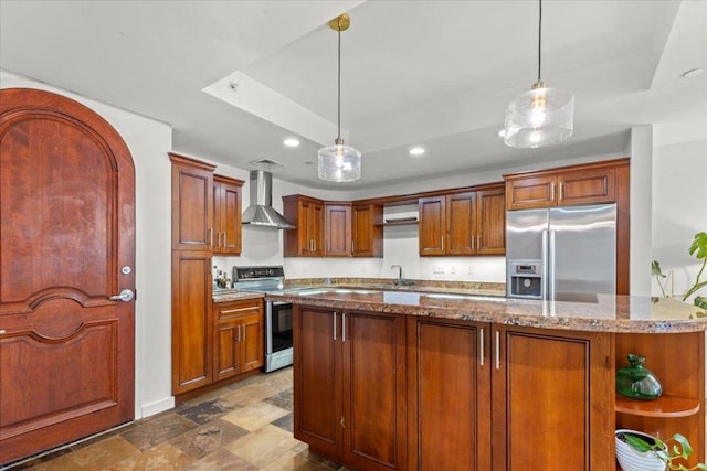 1812 W Ave Unit 306, Austin, TX 78701 - kitchen with appliances with stainless steel finishes, wall chimney exhaust hood, open shelves, pendant lighting, and recessed lighting