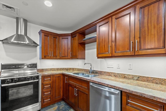 1812 W Ave Unit 306, Austin, TX 78701 - kitchen with stove, stainless steel dishwasher, wall chimney exhaust hood, and light stone counters