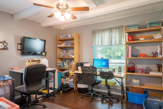 office space featuring beamed ceiling, ceiling fan, a textured ceiling, and wood finished floors