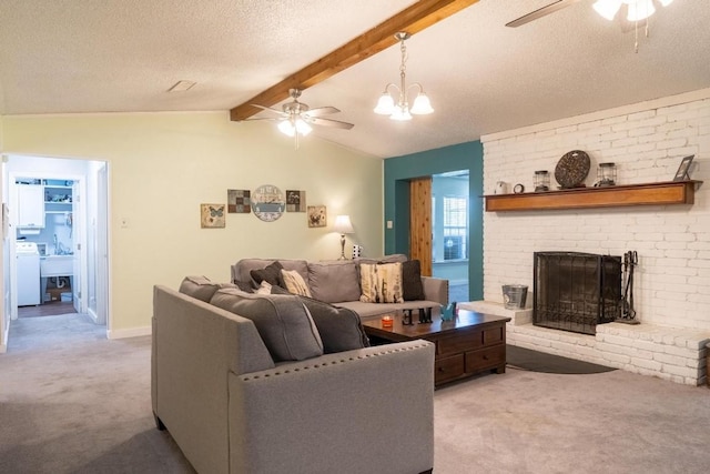 living area featuring a textured ceiling, carpet flooring, vaulted ceiling with beams, and ceiling fan with notable chandelier