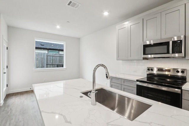 kitchen featuring a sink, gray cabinets, tasteful backsplash, visible vents, and appliances with stainless steel finishes