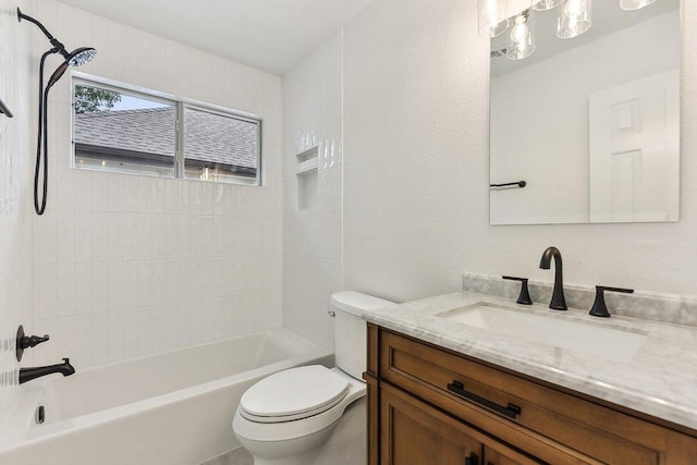 full bath with washtub / shower combination, toilet, and vanity