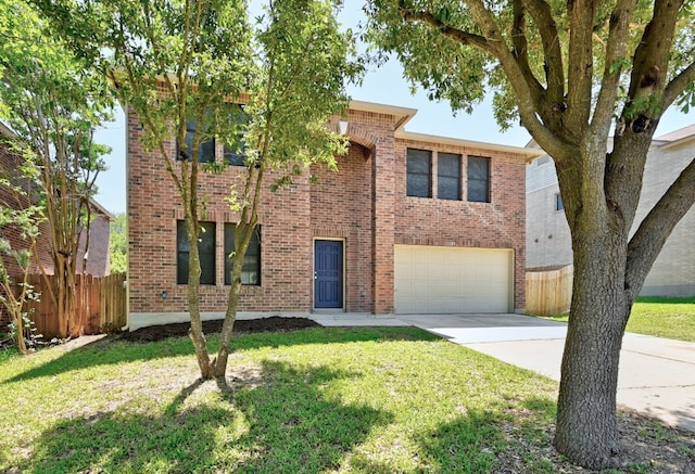 view of front of home featuring brick siding, fence, a garage, a front yard, and concrete driveway