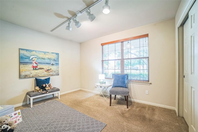 living area with baseboards, track lighting, and carpet flooring