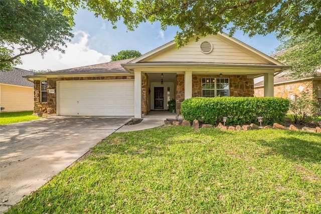 single story home with a front lawn, concrete driveway, an attached garage, and stone siding
