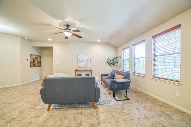 living room featuring light tile patterned floors, recessed lighting, and a ceiling fan