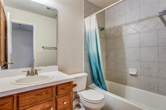 full bath with shower / tub combo, visible vents, toilet, and vanity