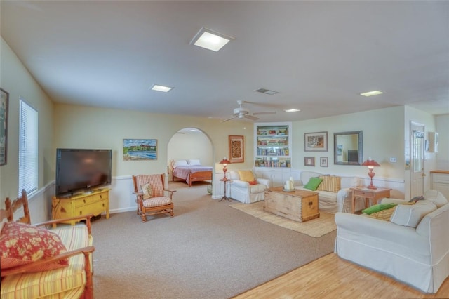 1833 Highland Dr, Marble Falls, TX 78654 - living room with visible vents, a ceiling fan, and built in features