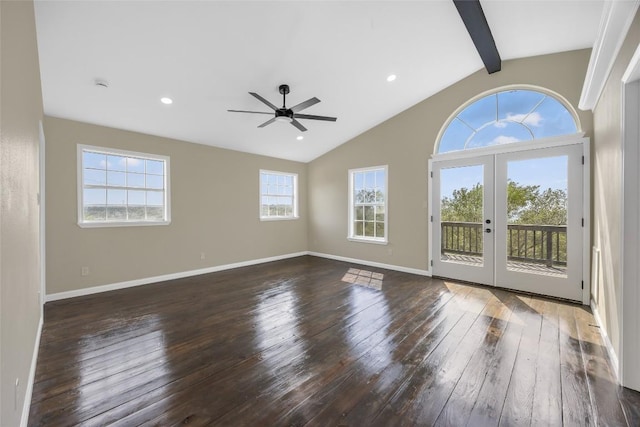 unfurnished living room featuring lofted ceiling with beams, baseboards, wood-type flooring, french doors, and a ceiling fan