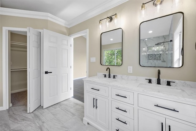 510 Circle Rd, Horseshoe Bay, TX 78657 - full bathroom featuring marble look tile flooring, a marble finish shower, crown molding, double vanity, and a spacious closet