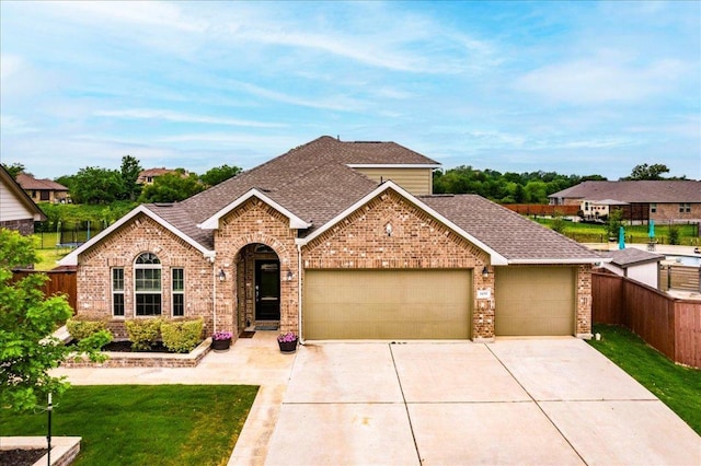 ranch-style home with brick siding, fence, a garage, driveway, and roof with shingles