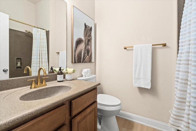 231 Skinner, Kyle, TX 78640 - bathroom with toilet, vanity, wood finished floors, baseboards, and a shower with curtain