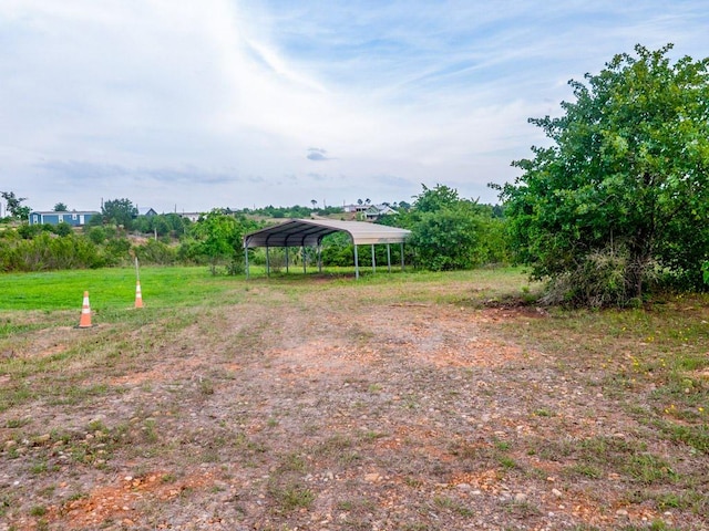 view of yard featuring a detached carport and dirt driveway